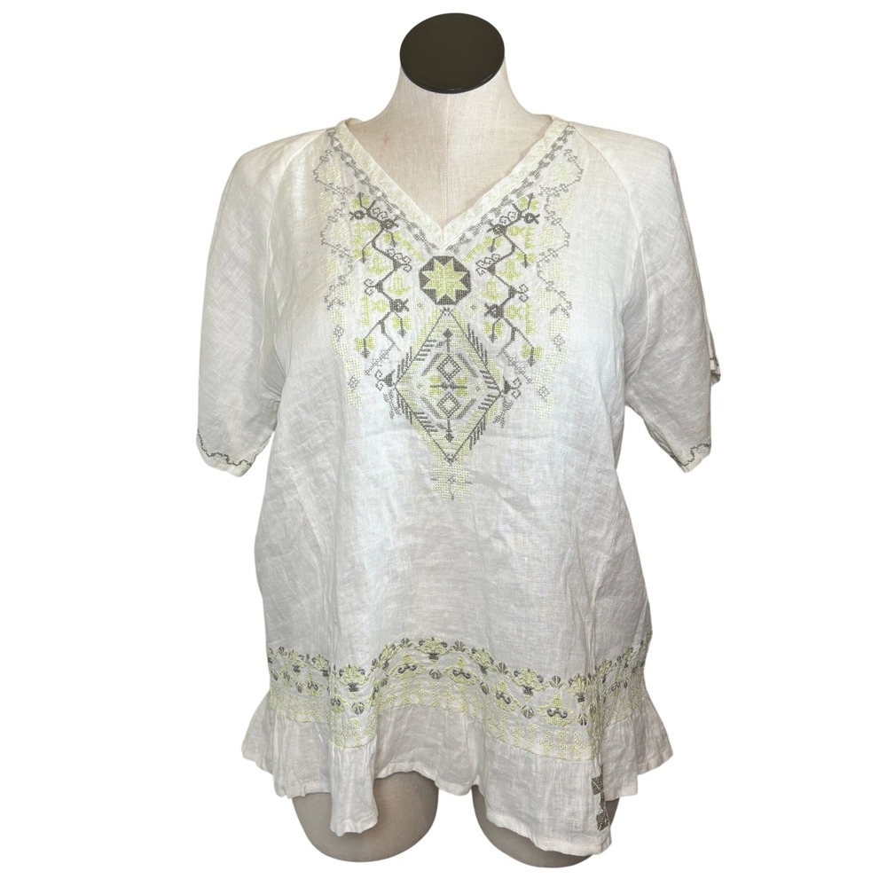 $295 Biya Johnny Was Womens Large White Linen Embroidered Ruffle Hem Top Coastal